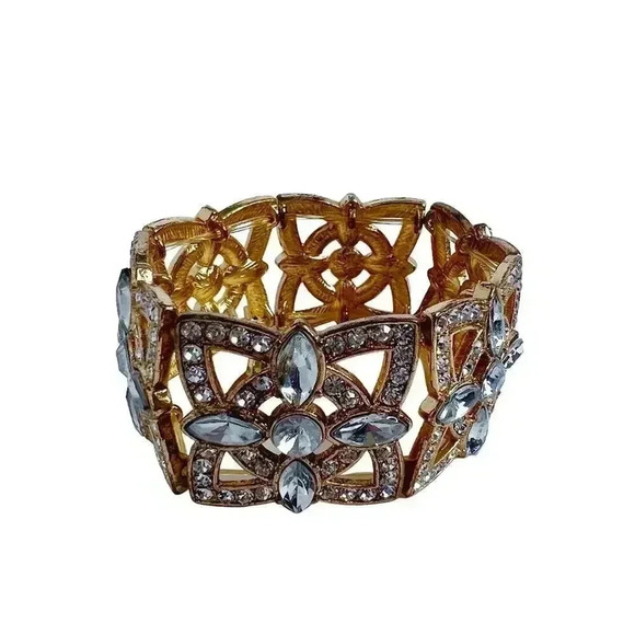 Gold Rhinestone Statement Bracelet Chunky Bohemian Boho Chic - Picture 1 of 5